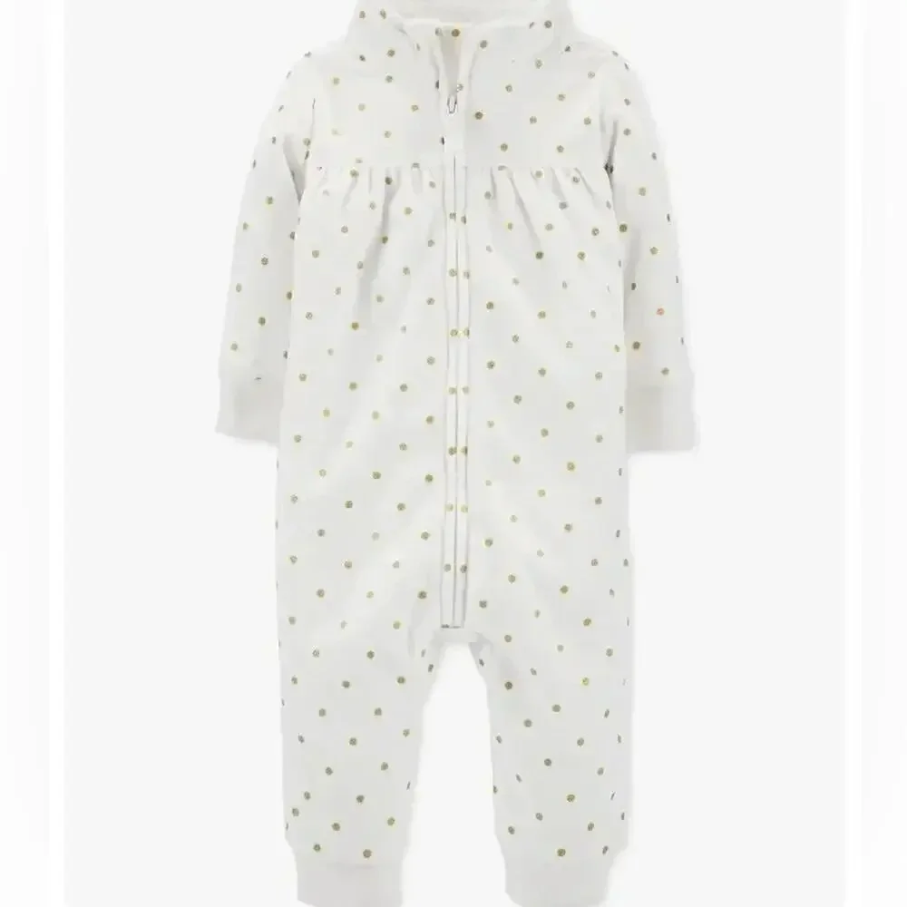 Carter’s white/gold polka dot fleece jumpsuit Size 24 months